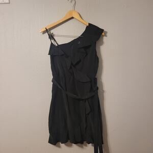 Revolve Bardot Black Mini Dress Womens 6 One Shoulder Faux Wrap Belted Frills